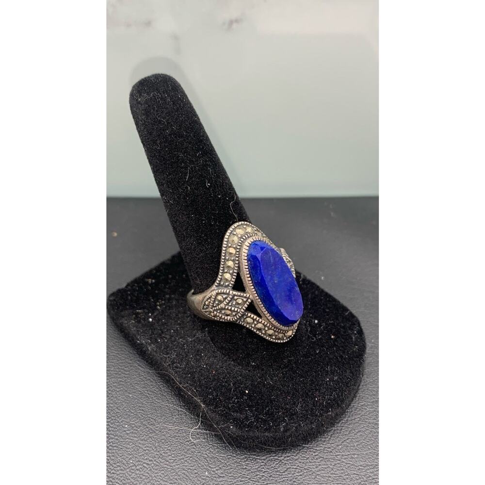 Designer Signed Marc 925 Silver Marcasite & Lapis Lazuli Faceted Stone Ring 7.75